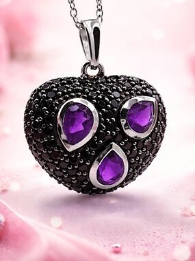 Heart Pendant Necklace with Purple Teardrop Amethyst Framed By Black Spinel